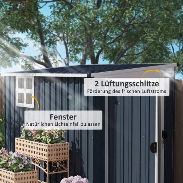 Outsunny Kovová Kůlna na Nářadí 2.7m² 128x231x181cm Se Šikmou Střechou, Okno, Zámek, Voděodolná Exteriérová Kůlna pro Zahradní Prostor Tmavě Šedá | Ao