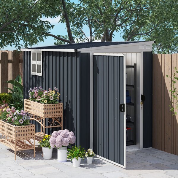 Outsunny Kovová Kůlna na Nářadí 2.7m² 128x231x181cm Se Šikmou Střechou, Okno, Zámek, Voděodolná Exteriérová Kůlna pro Zahradní Prostor Tmavě Šedá | Ao