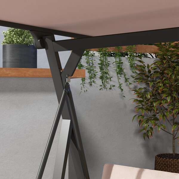 Závěsná lavice Outsunny Hollywood Swing pro 3 osoby se polštáři, zahradní houpačka s nastavitelnou střechou, nosnost až 300 kg, Khaki, 205 x 130 x 175