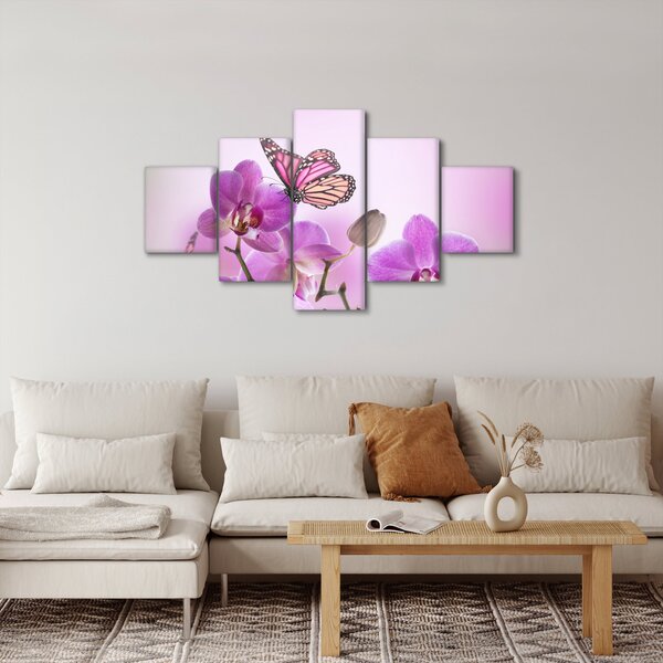 Obraz - Motýl na květech orchideje, lila (125x70 cm)