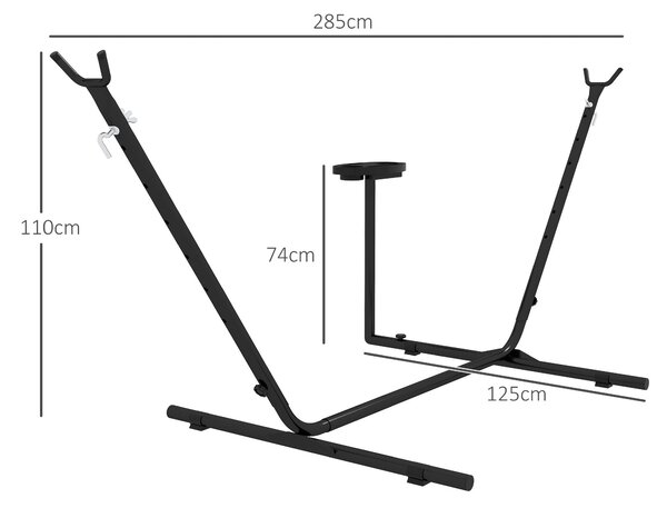 Houpací stojan Outsunny, stojan na houpací síť s bočním policí, až 150 kg nosnost, ocel, černý, 285 x 125 x 110 cm | Aosom