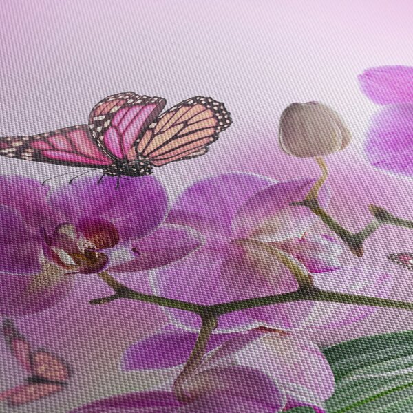 Obraz - Motýl na květech orchideje, lila (s hodinami) (90x30 cm)
