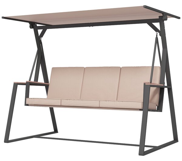 Závěsná lavice Outsunny Hollywood Swing pro 3 osoby se polštáři, zahradní houpačka s nastavitelnou střechou, nosnost až 300 kg, Khaki, 205 x 130 x 175