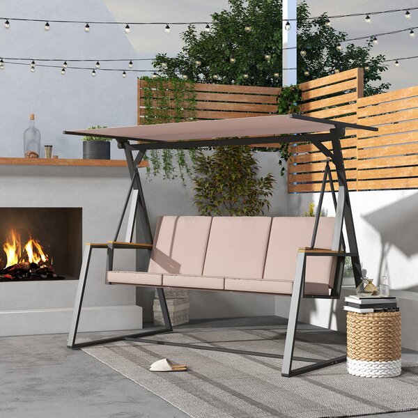Závěsná lavice Outsunny Hollywood Swing pro 3 osoby se polštáři, zahradní houpačka s nastavitelnou střechou, nosnost až 300 kg, Khaki, 205 x 130 x 175
