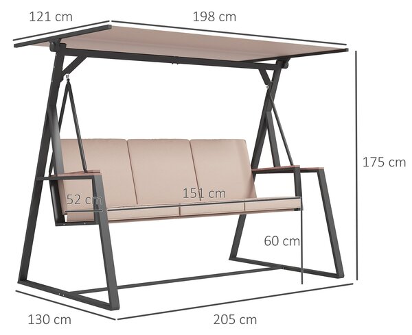 Závěsná lavice Outsunny Hollywood Swing pro 3 osoby se polštáři, zahradní houpačka s nastavitelnou střechou, nosnost až 300 kg, Khaki, 205 x 130 x 175