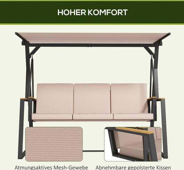 Závěsná lavice Outsunny Hollywood Swing pro 3 osoby se polštáři, zahradní houpačka s nastavitelnou střechou, nosnost až 300 kg, Khaki, 205 x 130 x 175