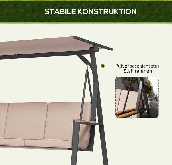 Závěsná lavice Outsunny Hollywood Swing pro 3 osoby se polštáři, zahradní houpačka s nastavitelnou střechou, nosnost až 300 kg, Khaki, 205 x 130 x 175
