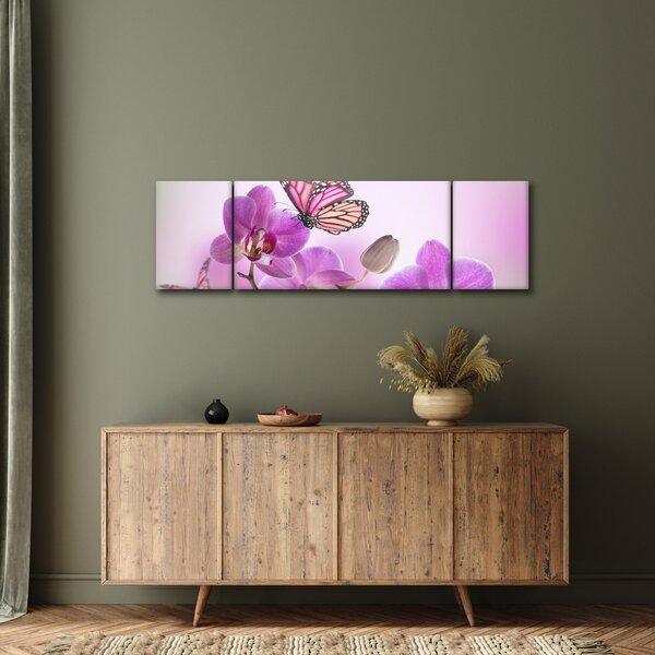 Obraz - Motýl na květech orchideje, lila (170x50 cm)