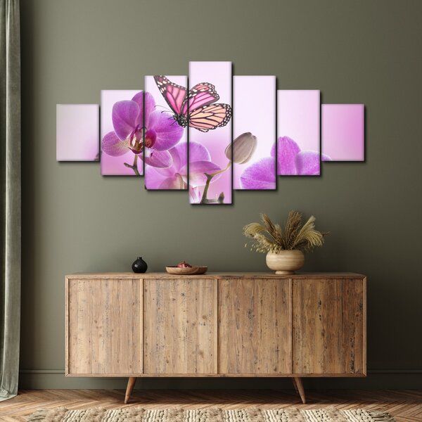 Obraz - Motýl na květech orchideje, lila (210x100 cm)