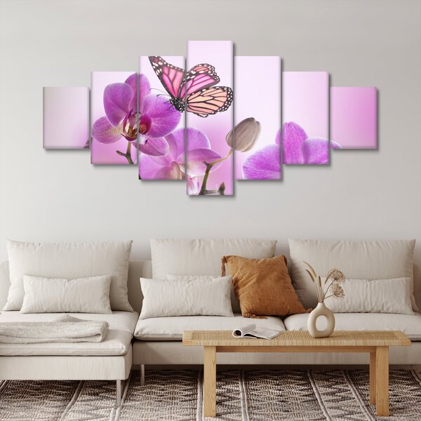 Obraz - Motýl na květech orchideje, lila (210x100 cm)