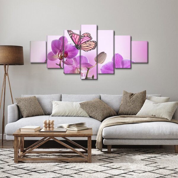 Obraz - Motýl na květech orchideje, lila (210x100 cm)