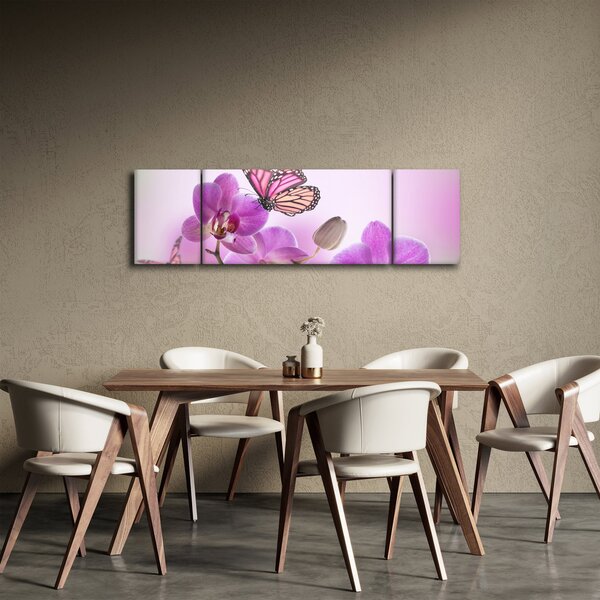 Obraz - Motýl na květech orchideje, lila (170x50 cm)
