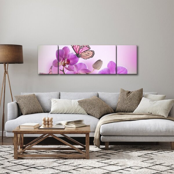 Obraz - Motýl na květech orchideje, lila (170x50 cm)