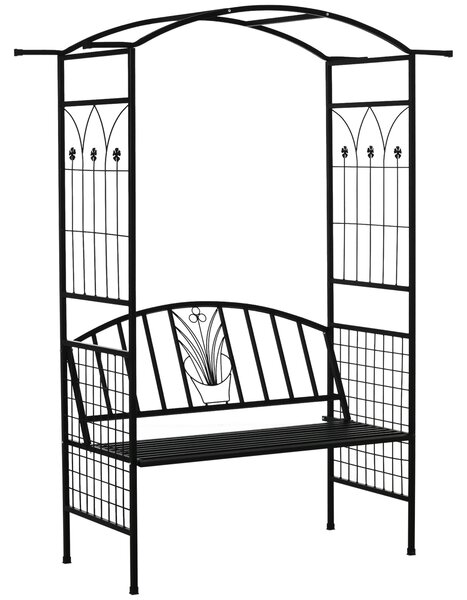 Zahradní oblouk Outsunny s lavičkou, kovový treláž na popínavé rostliny, černý, 154 x 60 x 205 cm | Aosom