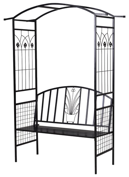 Zahradní oblouk Outsunny s lavičkou, kovový treláž na popínavé rostliny, černý, 154 x 60 x 205 cm | Aosom