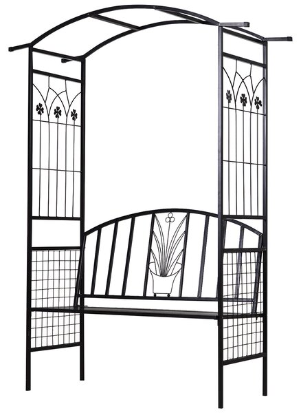 Zahradní oblouk Outsunny s lavičkou, kovový treláž na popínavé rostliny, černý, 154 x 60 x 205 cm | Aosom