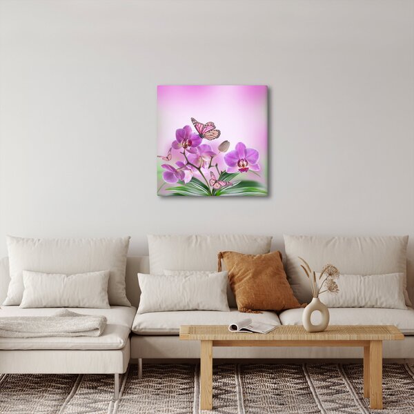 Obraz - Motýl na květech orchideje, lila (30x30 cm)