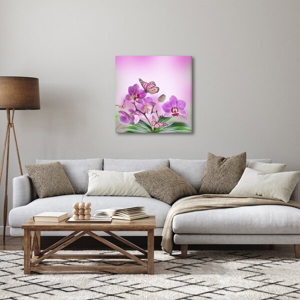 Obraz - Motýl na květech orchideje, lila (30x30 cm)