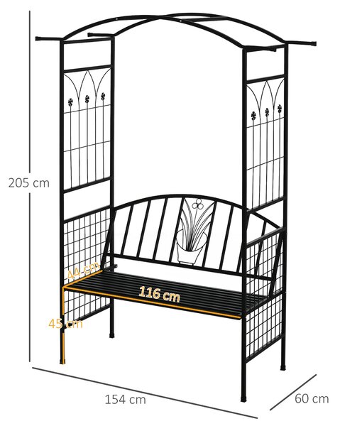 Zahradní oblouk Outsunny s lavičkou, kovový treláž na popínavé rostliny, černý, 154 x 60 x 205 cm | Aosom