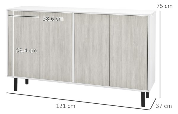 HOMCOM Bufetová skříňka s kuchyňským úložným prostorem se 2 dvojitými dvířky a výškově nastavitelnými policemi, 121 x 37 x 75 cm, Bílá a dřevošedá | A