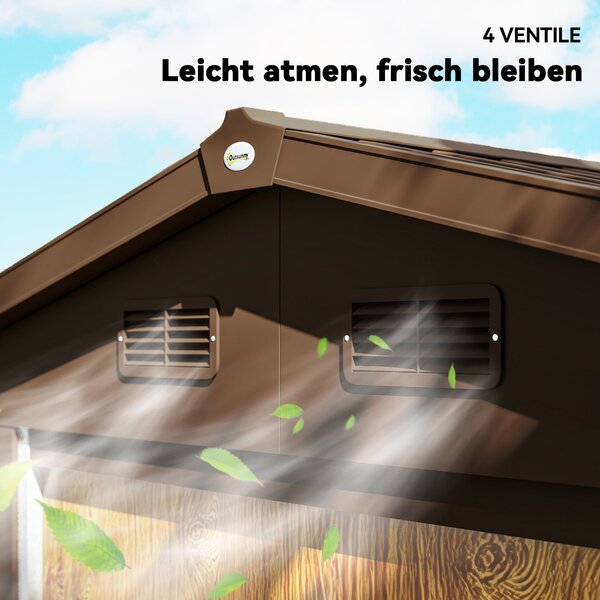 Outsunny Kovový Zahradní Kůlna s Dřevěným Vzhledem 3 m² 152 x 235,7 x 208,7 cm Sklad pro Nástroje s Šikmou Střechou, Okny a Dvoubarevnými Posuvnými Dv