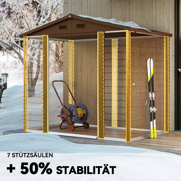 Outsunny Kovový Zahradní Kůlna s Dřevěným Vzhledem 3 m² 152 x 235,7 x 208,7 cm Sklad pro Nástroje s Šikmou Střechou, Okny a Dvoubarevnými Posuvnými Dv