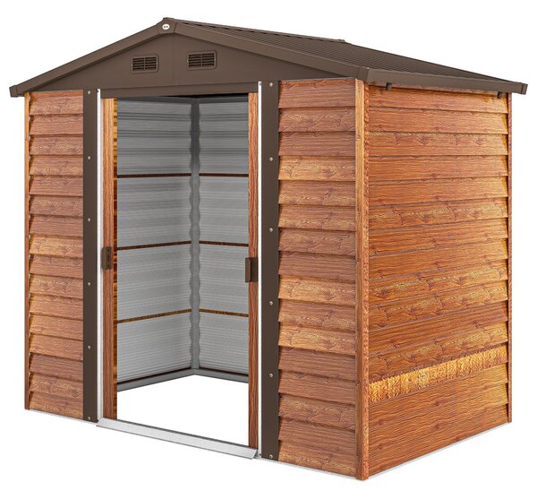 Outsunny Kovový Zahradní Kůlna s Dřevěným Vzhledem 3 m² 152 x 235,7 x 208,7 cm Sklad pro Nástroje s Šikmou Střechou, Okny a Dvoubarevnými Posuvnými Dv