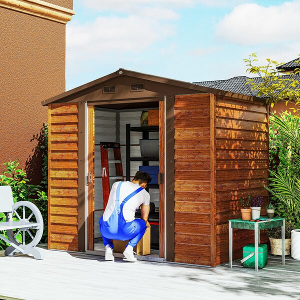 Outsunny Kovový Zahradní Kůlna s Dřevěným Vzhledem 3 m² 152 x 235,7 x 208,7 cm Sklad pro Nástroje s Šikmou Střechou, Okny a Dvoubarevnými Posuvnými Dv