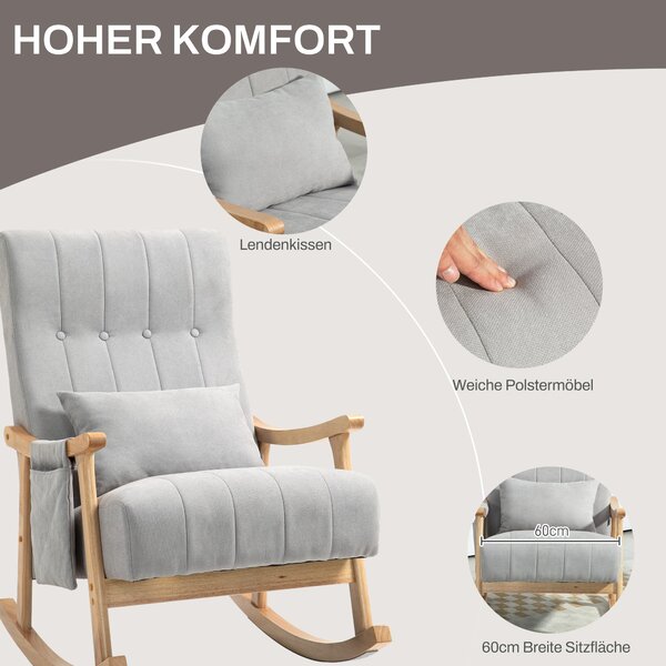 HOMCOM Houpací křeslo s opěrkou zad, bederním polštářem, dřevěnými houpacími nohami, křeslo, polohovatelné s měkkým potahem ve vzhledu lnu pro obývací
