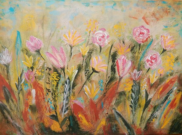 Ručně malovaný obraz od Ivana Pelouchová - "Ráj květin", rozměr: 70 x 50 cm