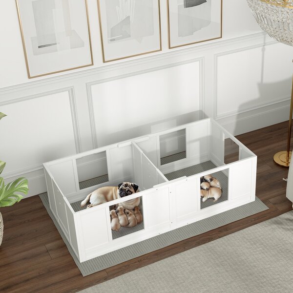 PawHut Box pro štěňata, Ohrádka pro štěňata s designem ve dvou místnostech, Ohrádka pro psy s dveřmi, Box pro štěňata pro malé psy, 164x80x48 cm, Bílá