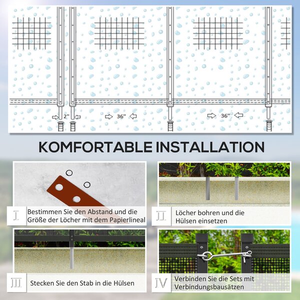 Outsunny Zahradní plot do jezírka, 365 x 126 cm, sada 4 dekorativních plotů kolem bazénu s možností nožního opření pro terasu, balkon, síťovaný, černý