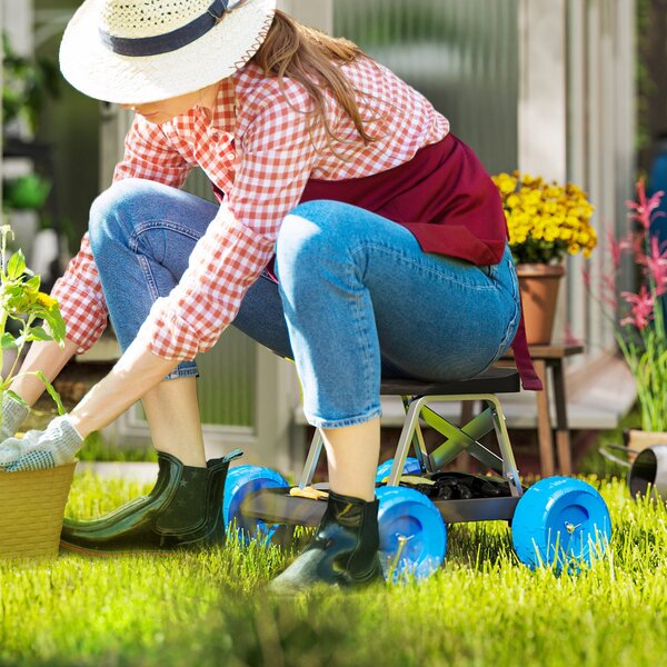 Mobilní zahradní stolička Outsunny s vozíkem a úložným prostorem – 50 x 49 x 32 cm Modrá | Aosom