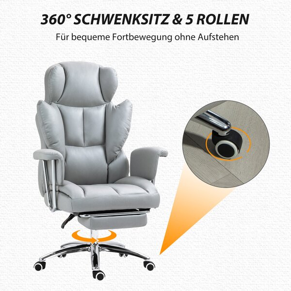 HOMCOM Kancelářská židle s funkcí sklápění, ergonomická židle, výškově nastavitelná točící židle s podnožkou, polstrovaná, až pro 120 kg, do kanceláře