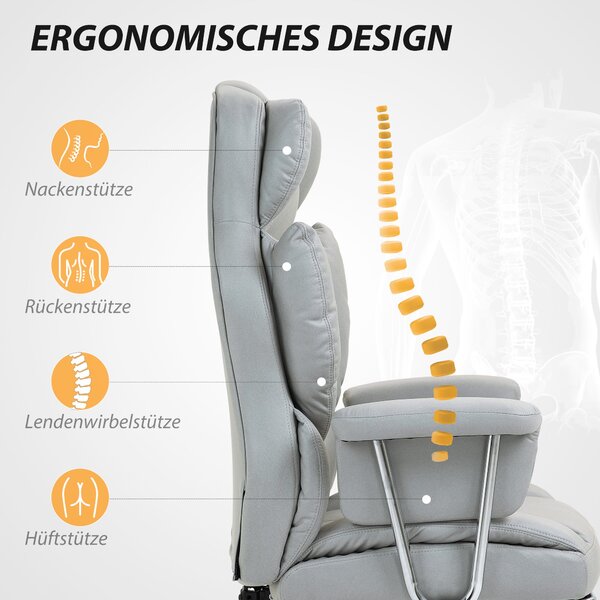 HOMCOM Kancelářská židle s funkcí sklápění, ergonomická židle, výškově nastavitelná točící židle s podnožkou, polstrovaná, až pro 120 kg, do kanceláře