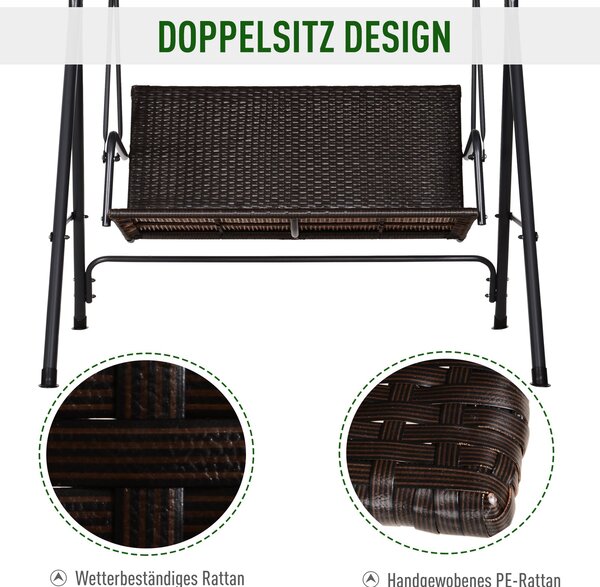 Outsunny Hollywoodský houpač 2-místný zahradní houpačka s nastavitelnou sluneční střechou, ocelový rám, ratan 140 x 110 x 151 cm | Aosom