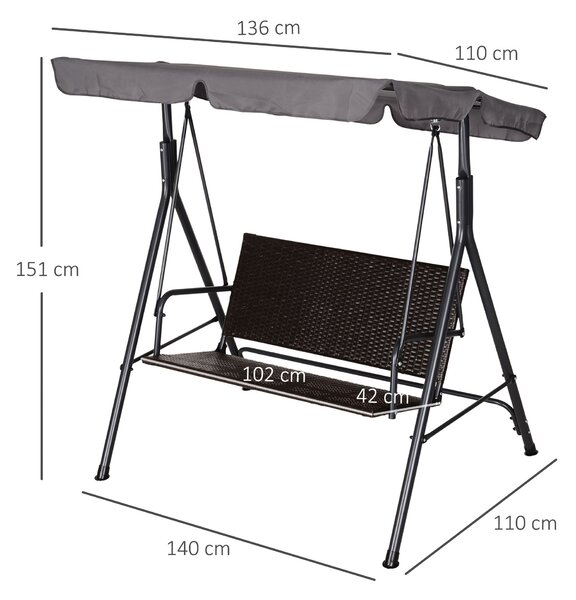 Outsunny Hollywoodský houpač 2-místný zahradní houpačka s nastavitelnou sluneční střechou, ocelový rám, ratan 140 x 110 x 151 cm | Aosom