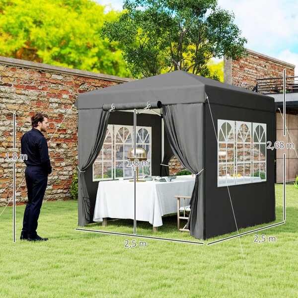 Outsunny Pavilon 2,5x2,5m, Voděodolný Stabilní Zimní Pop-up Skládací Pavilon, UV Ochrana 50+, Skládací Party Stan Zahradní Stan s 4 Bočními Panely a T