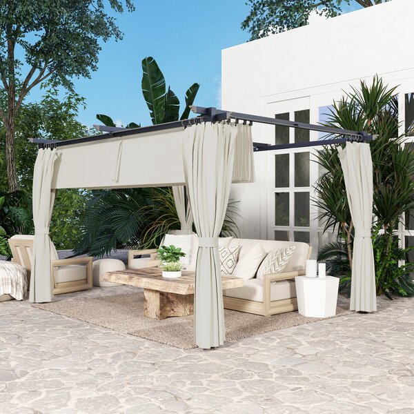 Outsunny Pergola do Zahrady Exteriérová 3 x 4m Rozšiřitelný Posuvný Pavilon se Stranovými Stěnami, Zahradní Altán, 180g/m² Vysokohustotní Polyester, O