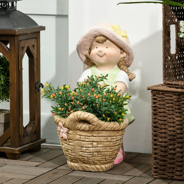 Zahradní figura Outsunny "Dívka s květinovým květináčem", odolná zahradní socha, ozdoba na květináče, zahradní dekorace, socha pro domácí výzdobu, zah
