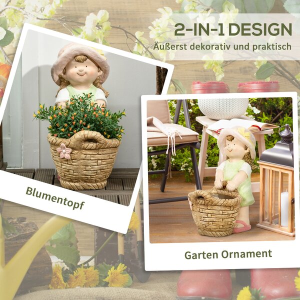 Zahradní figura Outsunny "Dívka s květinovým květináčem", odolná zahradní socha, ozdoba na květináče, zahradní dekorace, socha pro domácí výzdobu, zah