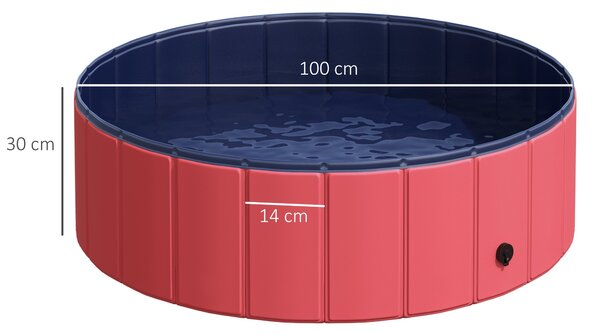 Skládací psí koupací vana PawHut - Psí bazén, lehátko na vodu pro psy a kočky, plast + dřevo, červená Ø100 x V30 cm | Aosom