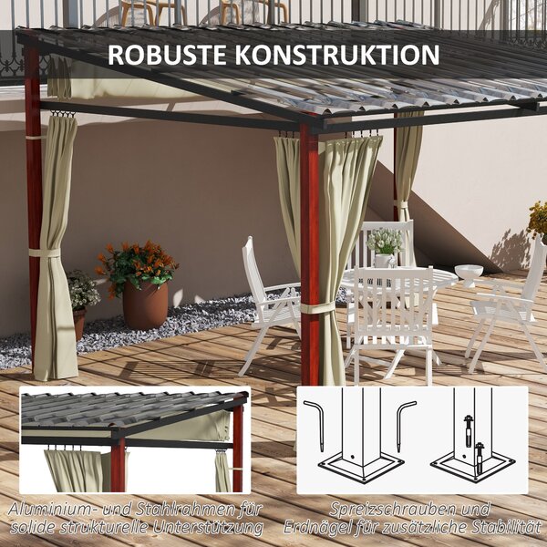 Pergola Outsunny přibližně 3,5 x 3 m s bočními stěnami, odolná proti větru, výškově nastavitelná terasa s výsuvnou střechou pro zahradu, terasu, béžov