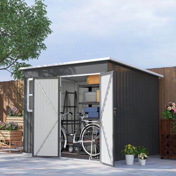 Outsunny Kovová Kůlna na Nářadí 4,13 m² 260 x 177 x 190 cm Skladovací Kůlna s Oknem, Šikmou Střechou a Zámkem, Voděodolný Zahradní Dům na Zahradu | Ao