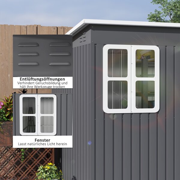 Outsunny Kovová Kůlna na Nářadí 4,13 m² 260 x 177 x 190 cm Skladovací Kůlna s Oknem, Šikmou Střechou a Zámkem, Voděodolný Zahradní Dům na Zahradu | Ao