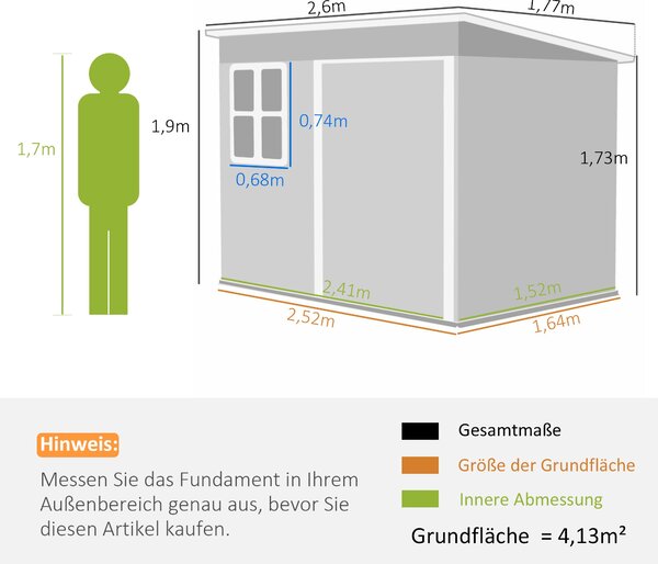 Outsunny Kovová Kůlna na Nářadí 4,13 m² 260 x 177 x 190 cm Skladovací Kůlna s Oknem, Šikmou Střechou a Zámkem, Voděodolný Zahradní Dům na Zahradu | Ao