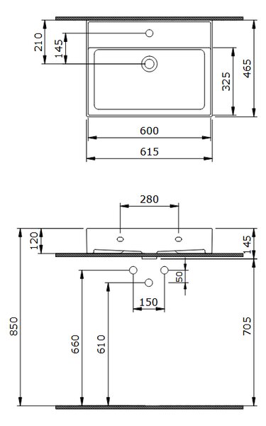 Bocchi Dura - Umyvadlo 600x470 mm, s přepadem, s otvorem pro baterii, bílá lesklá