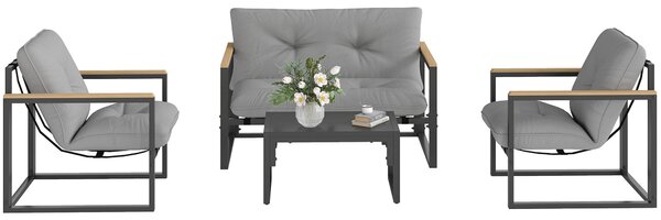 Outsunny Zahradní nábytek pro 4 osoby, odolný venkovní nábytek na balkon, sada s pohovkou pro 2 osoby, křeslem, polštářem a stolem, vhodné pro terasu