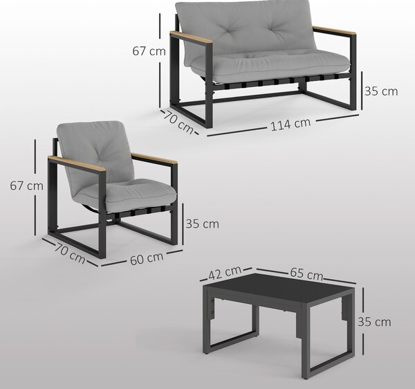 Outsunny Zahradní nábytek pro 4 osoby, odolný venkovní nábytek na balkon, sada s pohovkou pro 2 osoby, křeslem, polštářem a stolem, vhodné pro terasu