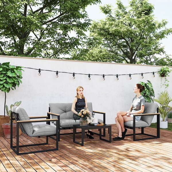 Outsunny Zahradní nábytek pro 4 osoby, odolný venkovní nábytek na balkon, sada s pohovkou pro 2 osoby, křeslem, polštářem a stolem, vhodné pro terasu
